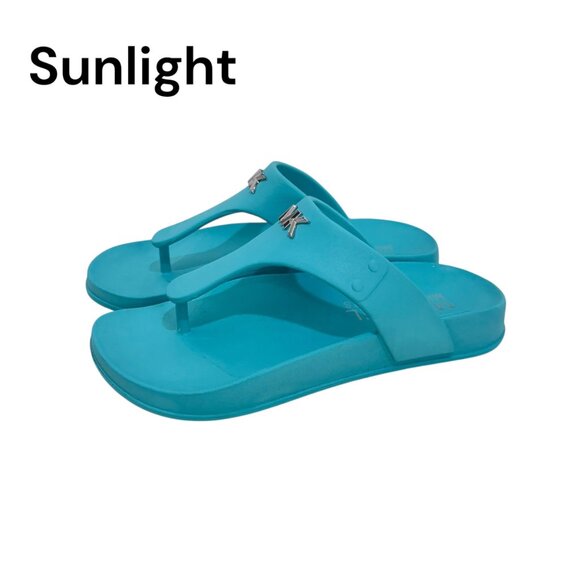 Michael Kors Linsey Women Turquoise MK Logo Tstrap Slide Sandals SZ 6M Eva Upper - Picture 1 of 13